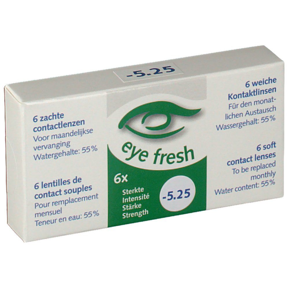 Boîte blanche de lentilles de contact. Inscription: Eye Fresh, -5.25, 6 lentilles souples. Teneur en eau: 55%.