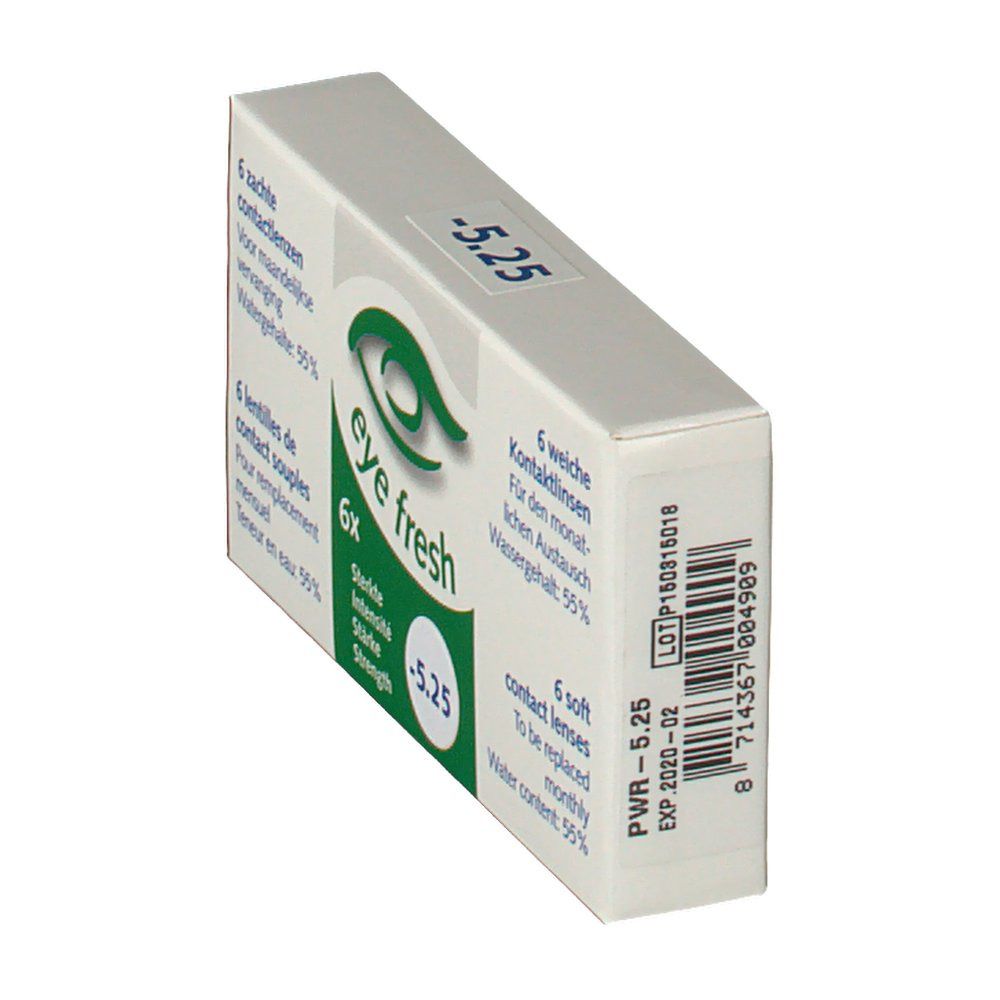 Boîte de lentilles de contact en biais. Inscription: Eye Fresh, -5.25, 6 lentilles souples. Code-barres et informations.