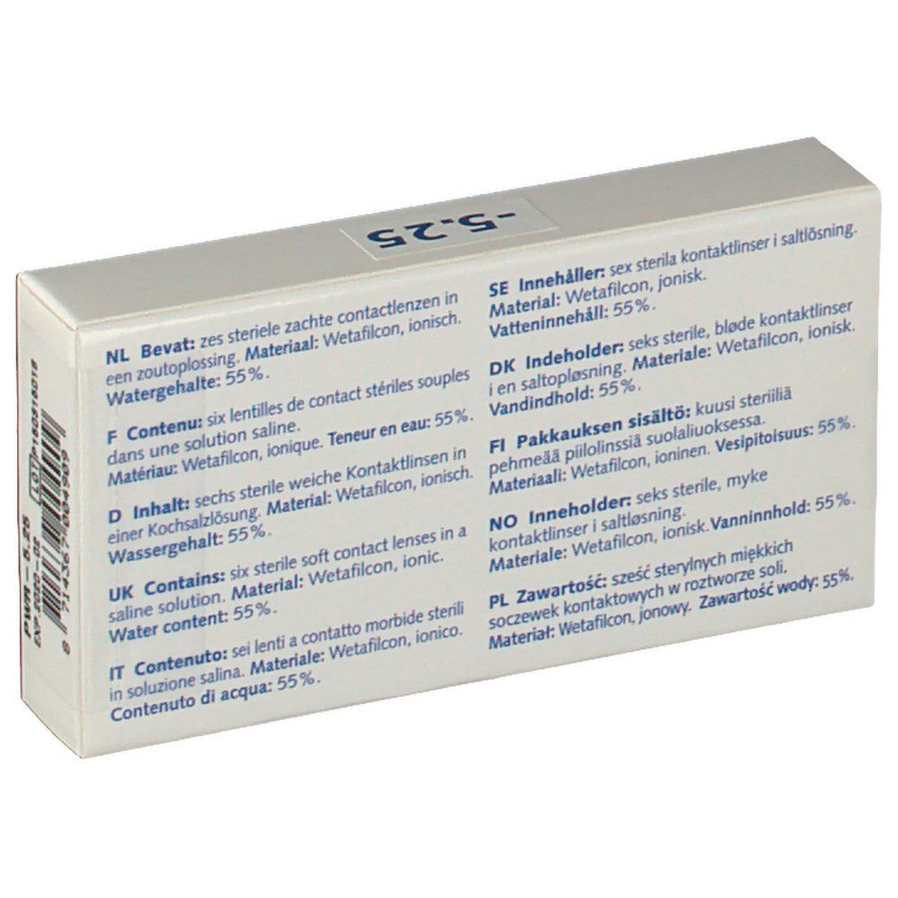 Dos de la boîte de lentilles de contact. Informations multilingues sur les ingrédients et la teneur en eau: 55%.