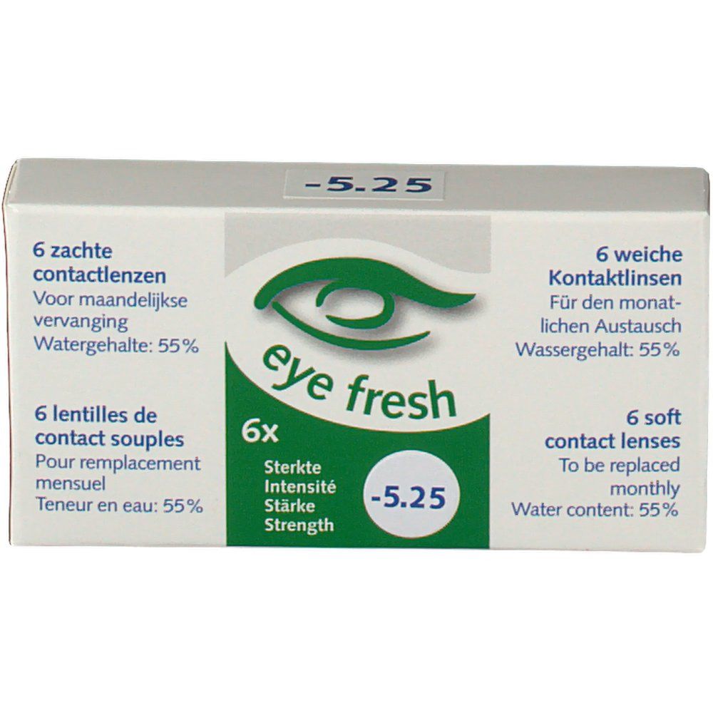 Boîte blanche de lentilles de contact. Inscription: Eye Fresh, -5.25, 6 lentilles souples. Teneur en eau: 55%.