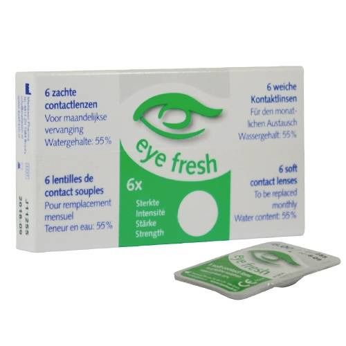 Boîte de lentilles de contact eye fresh. Contient 6 lentilles souples. Remplacement mensuel. Teneur en eau 55%.