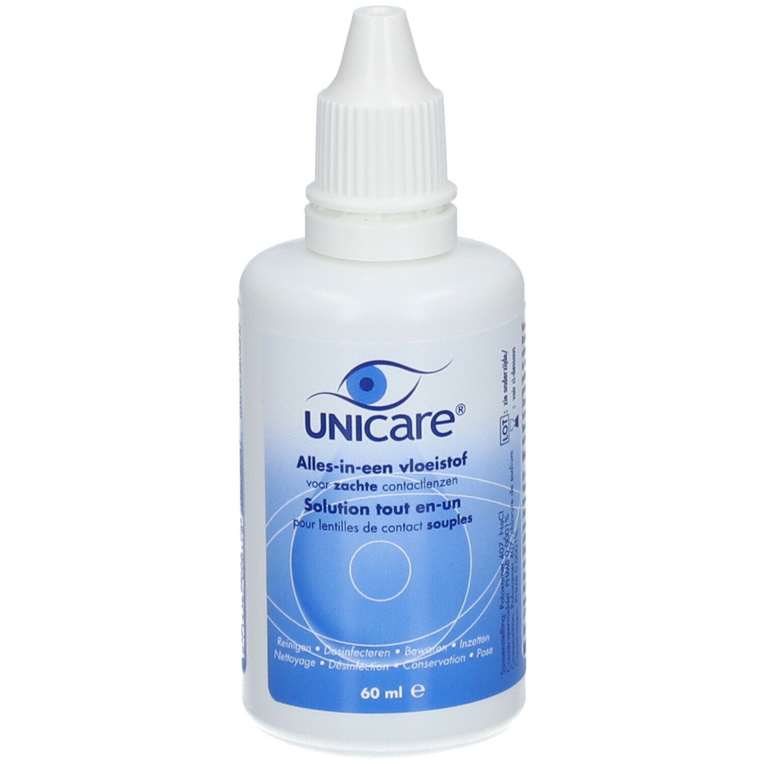 Flacon blanc avec bouchon compte-gouttes. Inscription : UNICARE, Alles-in-een vloeistof, Solution tout-en-un. 60 ml.
