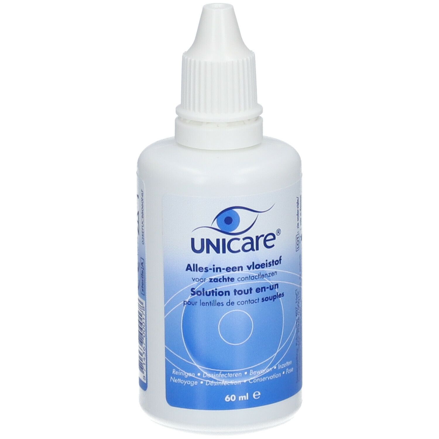 Flacon blanc avec bouchon compte-gouttes. Inscription : UNICARE, Alles-in-een vloeistof, Solution tout-en-un. 60 ml.