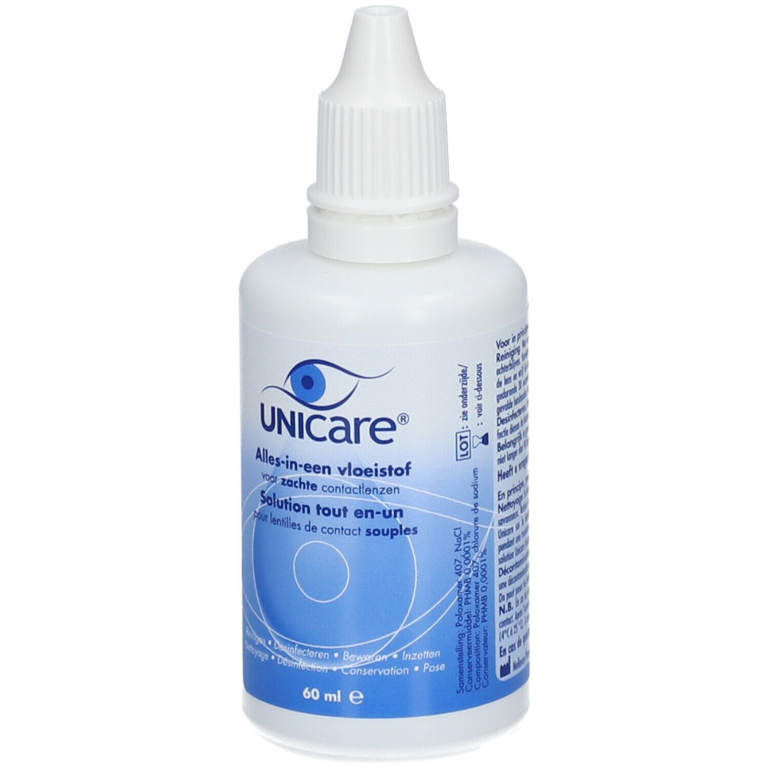 Flacon blanc avec bouchon compte-gouttes. Inscription : UNICARE, Alles-in-een vloeistof, Solution tout-en-un. 60 ml. Ingrédients.
