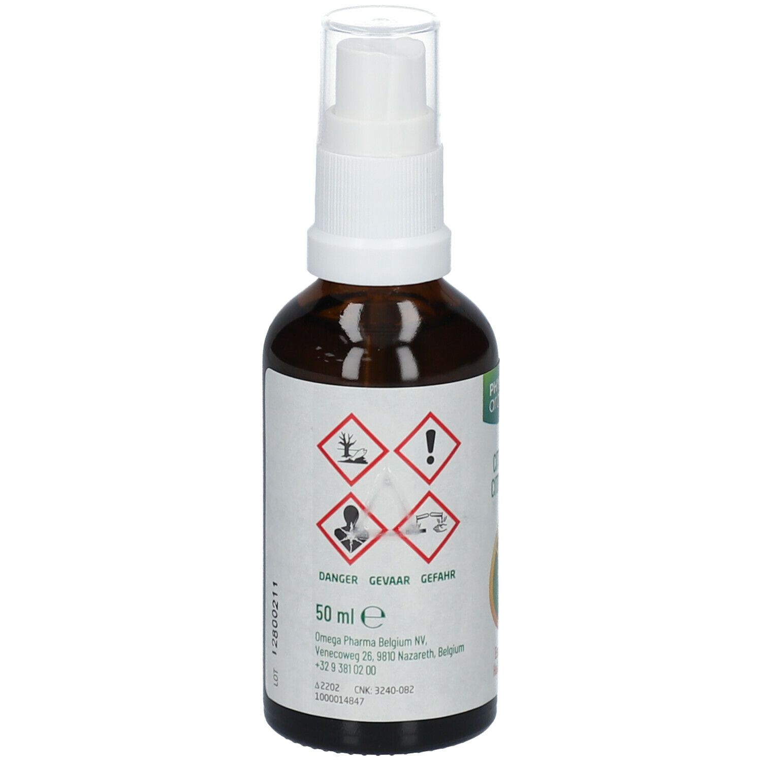 Dos d'un flacon en verre brun avec vaporisateur blanc. Étiquette avec symboles de danger et indication de volume.