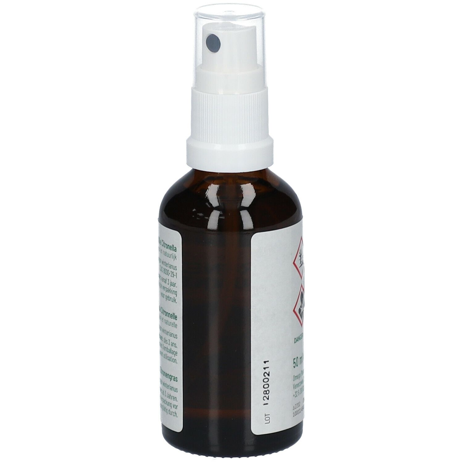 Flacon en verre brun avec vaporisateur blanc. Étiquette avec informations sur le produit et symboles de danger.