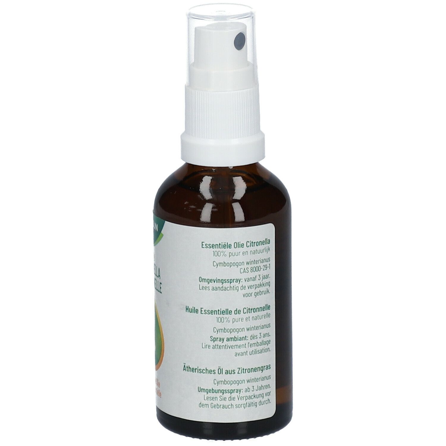 Flacon en verre brun avec vaporisateur blanc. Étiquette avec informations produit et texte multilingue.