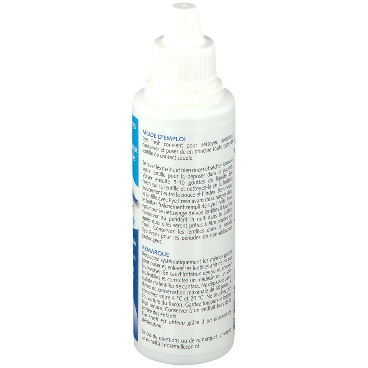 Vue arrière du flacon blanc avec texte. Contient des instructions et des conseils d'utilisation du liquide pour lentilles.