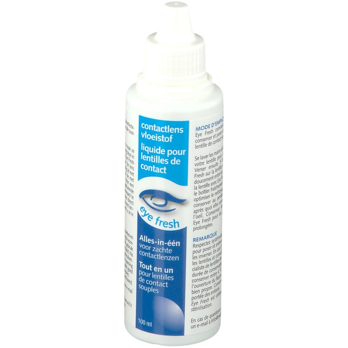 Flacon blanc de liquide pour lentilles. Inscription: Eye Fresh, Tout-en-un. 100 ml.