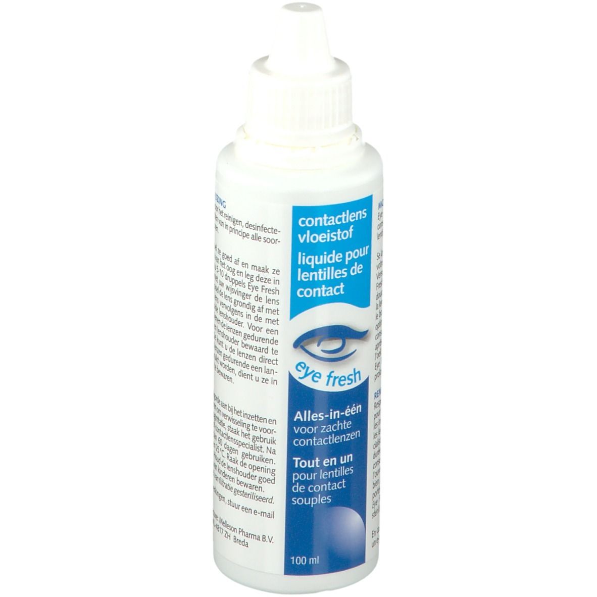 Flacon blanc de liquide pour lentilles. Inscription: Eye Fresh, Tout-en-un. 100 ml.