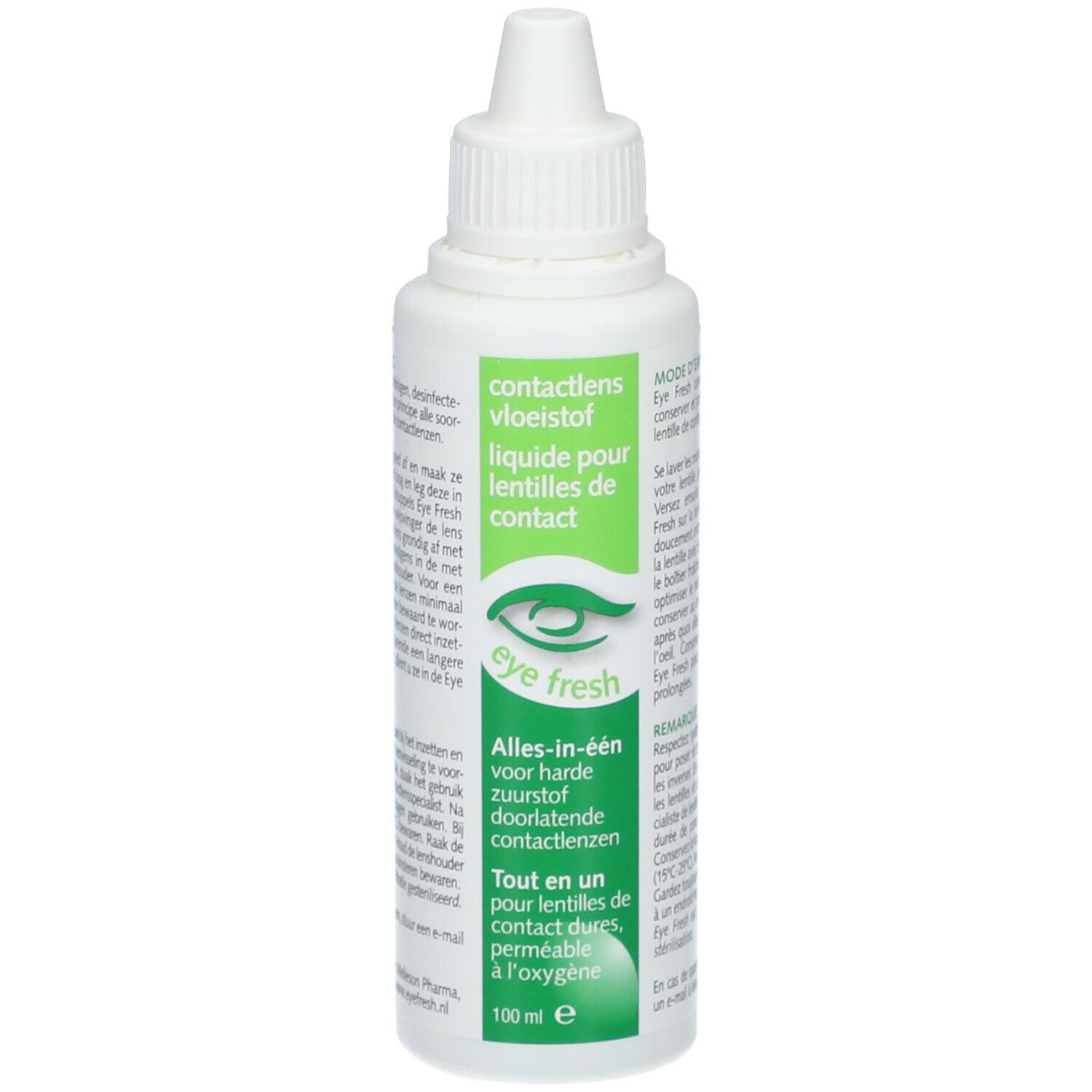 Flacon blanc avec étiquette verte. Texte: contactlens vloeistof, liquide pour lentilles de contact, Eye Fresh. 100 ml.