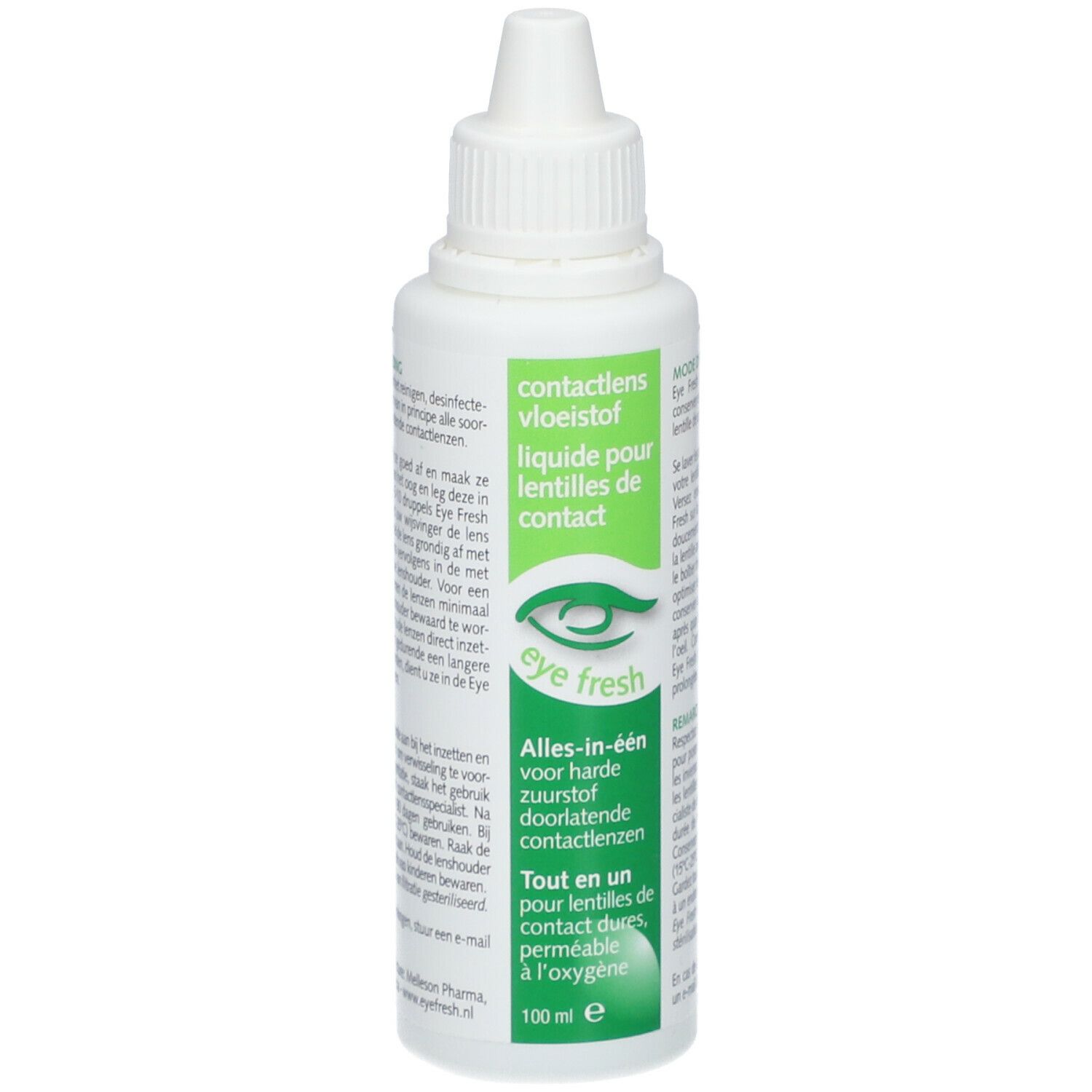 Flacon blanc avec étiquette verte. Texte: contactlens vloeistof, liquide pour lentilles de contact, Eye Fresh. 100 ml.