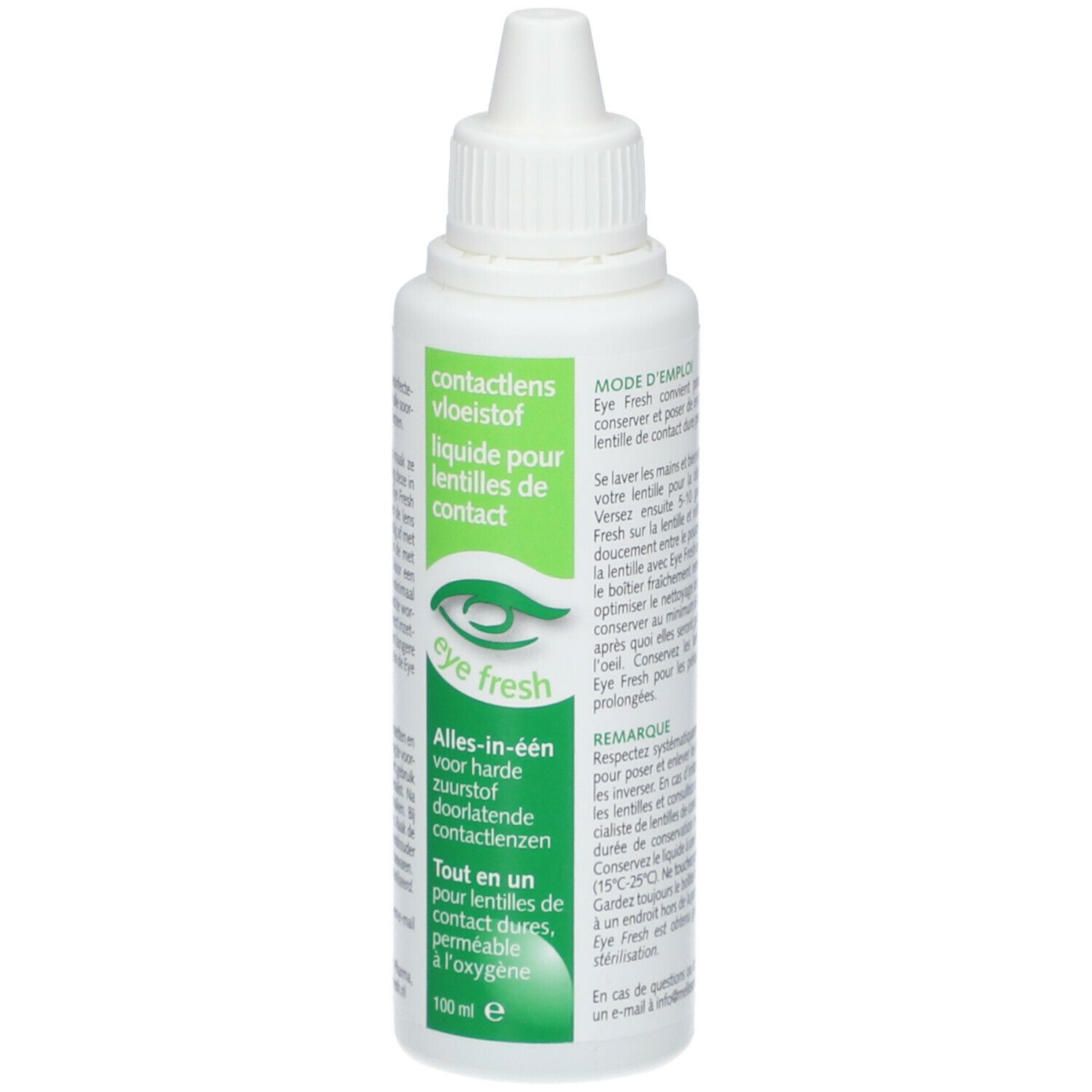 Flacon blanc avec étiquette verte. Texte: contactlens vloeistof, liquide pour lentilles de contact, Eye Fresh. 100 ml.