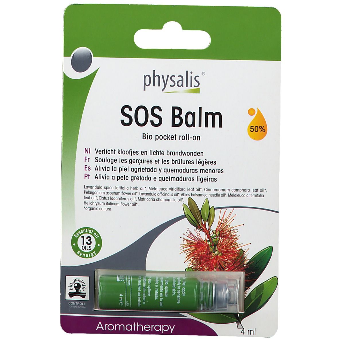 Emballage vert avec le nom du produit physalis® SOS Balm. Flacon roll-on dans un blister. Contient 13 huiles essentielles.