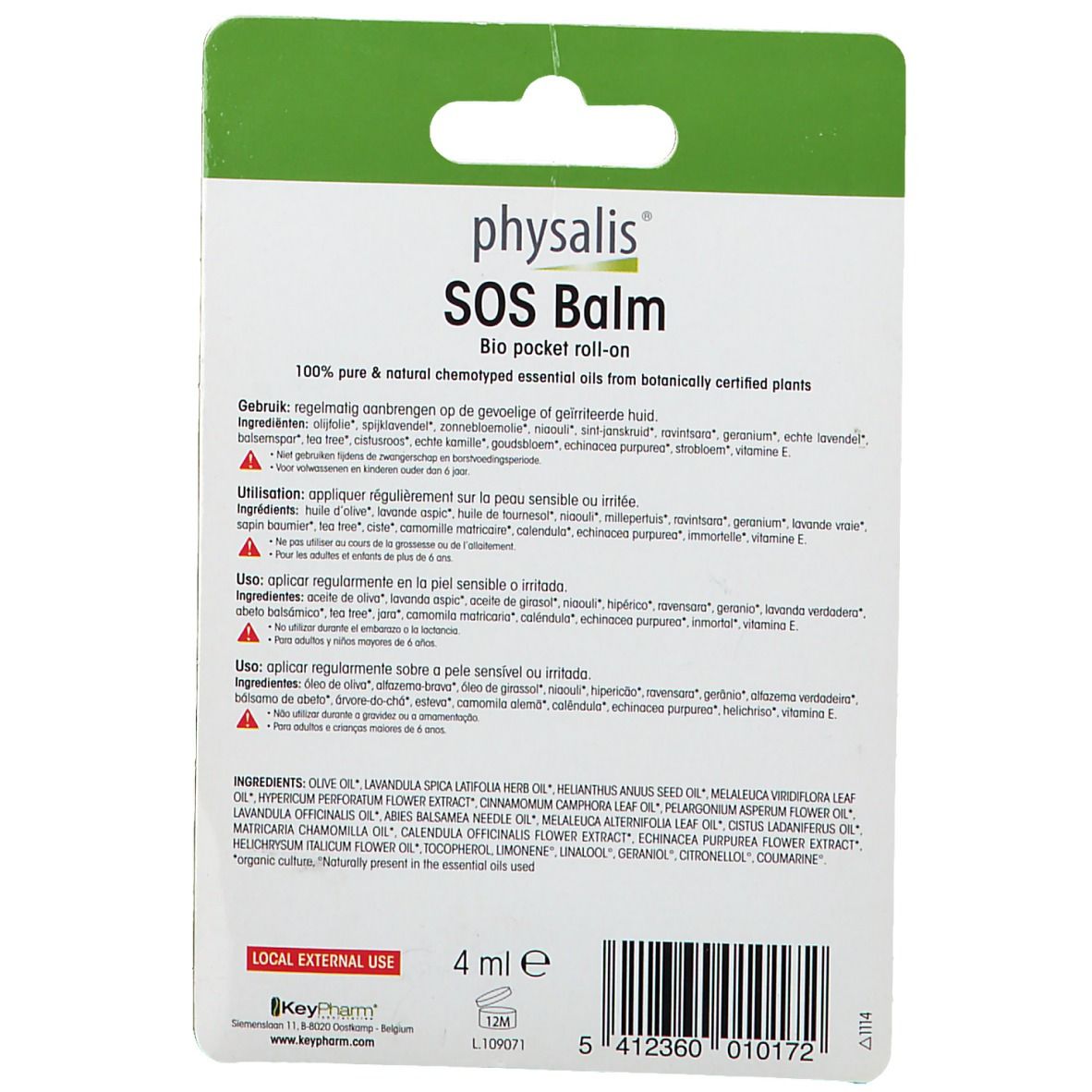 Dos de l'emballage avec le nom du produit physalis® SOS Balm. Texte en plusieurs langues. Contient 4 ml.