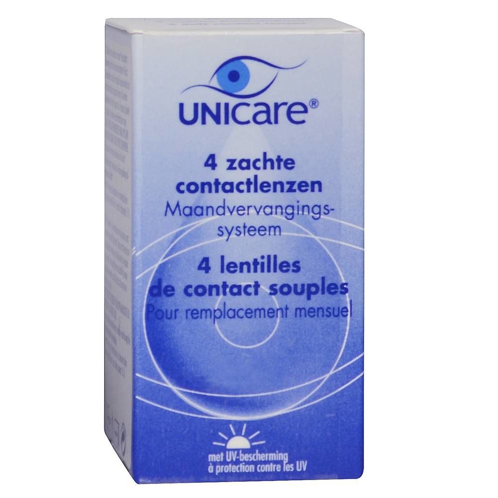Boîte de lentilles de contact Unicare. Contient 4 lentilles souples pour remplacement mensuel. Protection UV.