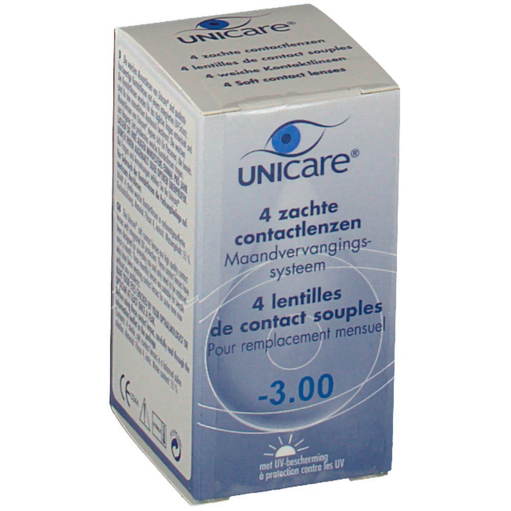 Boîte de lentilles de contact. Inscription: UNICARE, 4 lentilles de contact souples, -3.00. Avec protection UV.