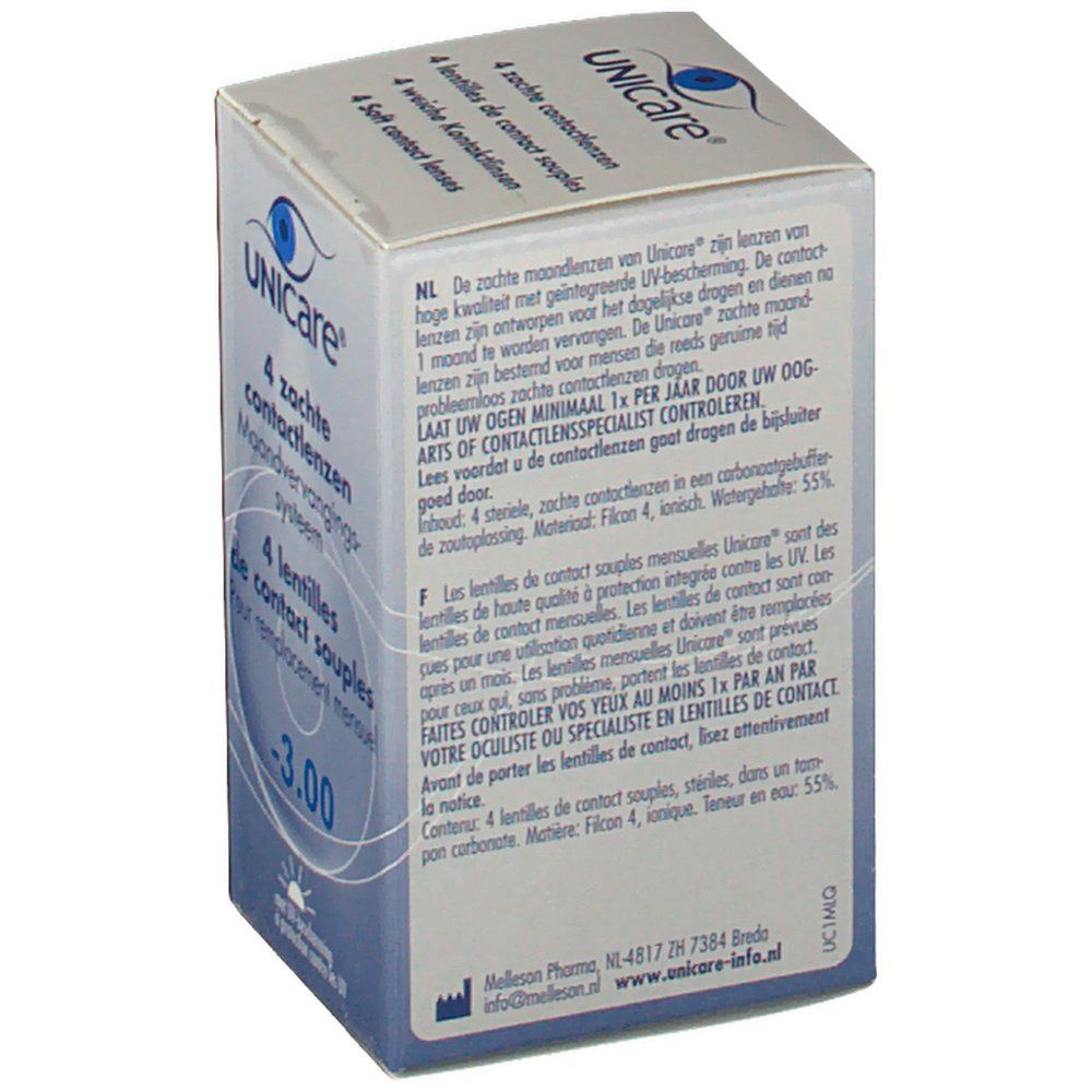 Boîte de lentilles de contact. Inscription: UNICARE, 4 lentilles de contact souples, -3.00. Texte en néerlandais et français.