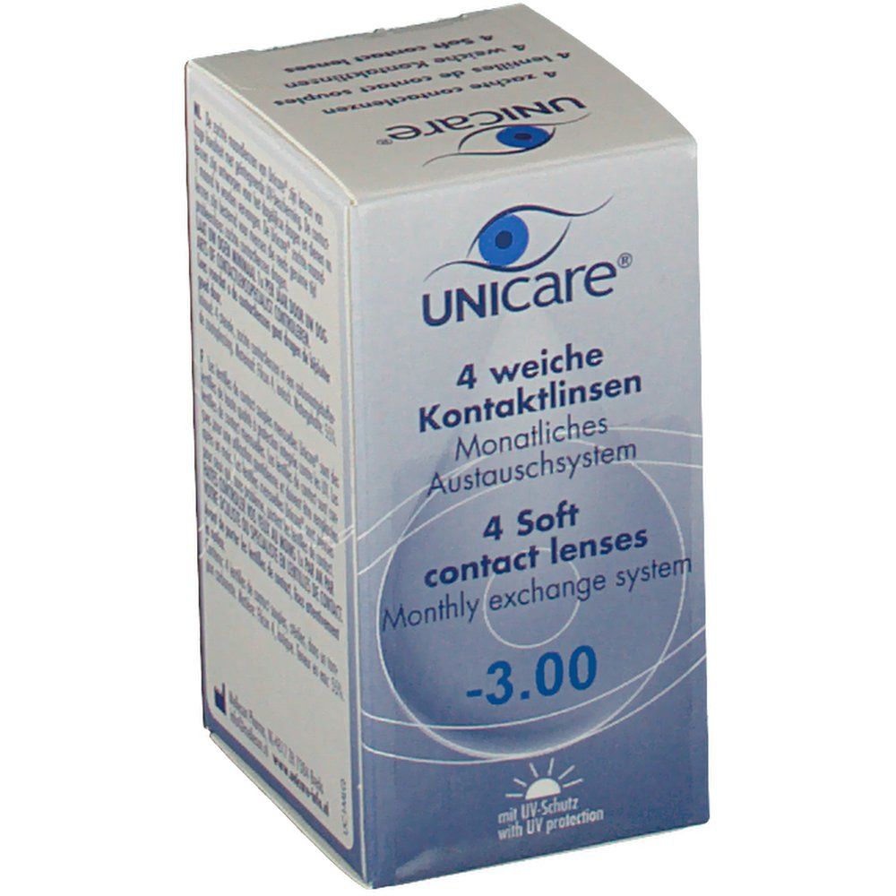Boîte de lentilles de contact. Inscription: UNICARE, 4 lentilles souples, -3.00. Système de remplacement mensuel.