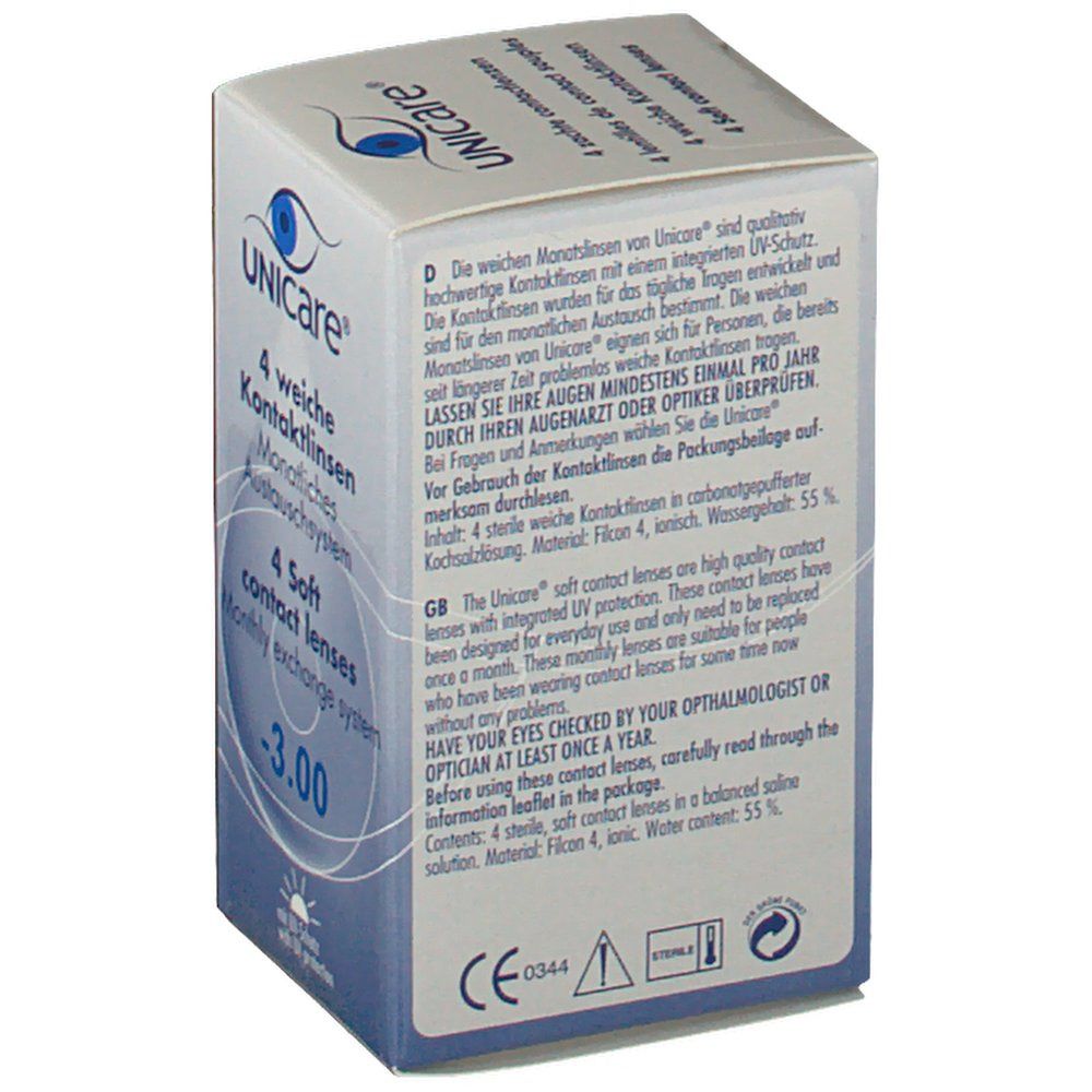 Boîte de lentilles de contact. Inscription: UNICARE, 4 lentilles souples, -3.00. Texte en allemand et anglais.