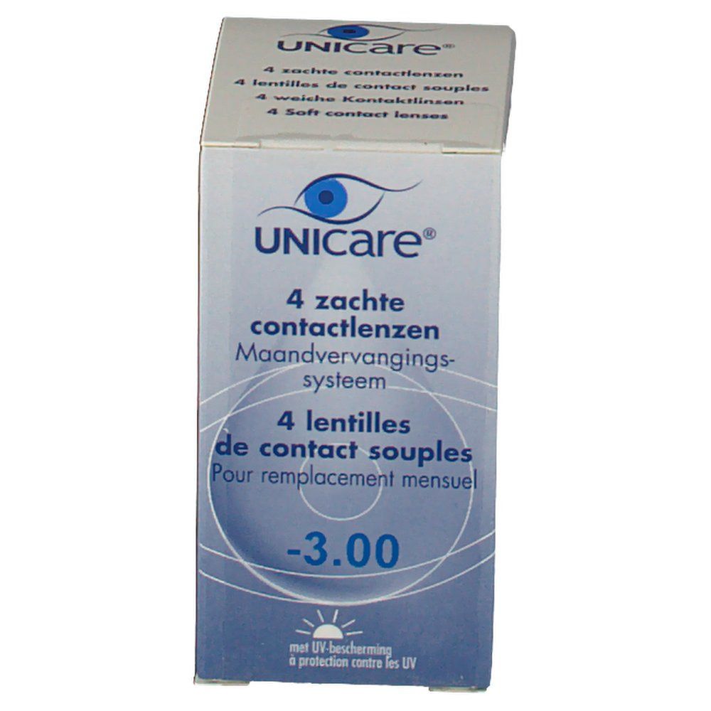 Boîte de lentilles de contact. Inscription: UNICARE, 4 lentilles souples, -3.00. Avec protection UV.