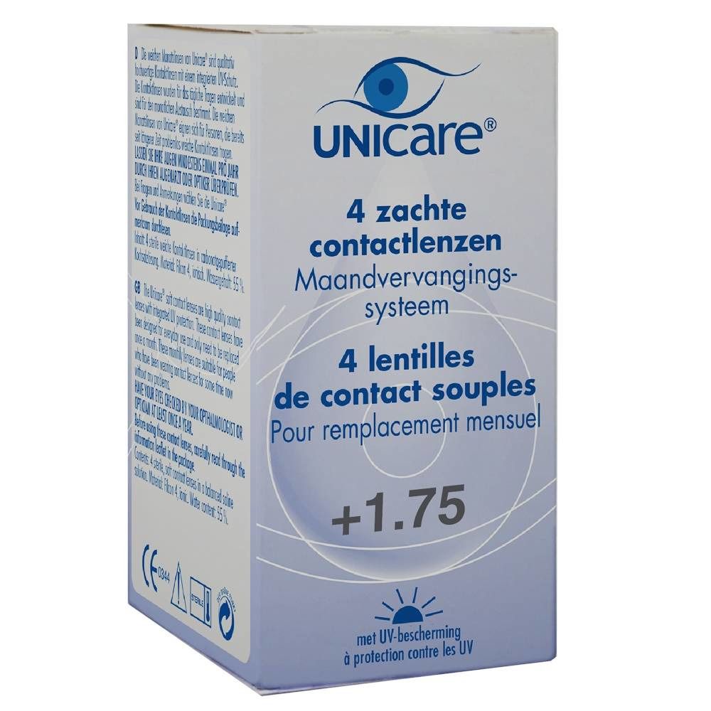 Boîte de lentilles de contact Unicare. Contient 4 lentilles souples mensuelles avec protection UV, +1,75.