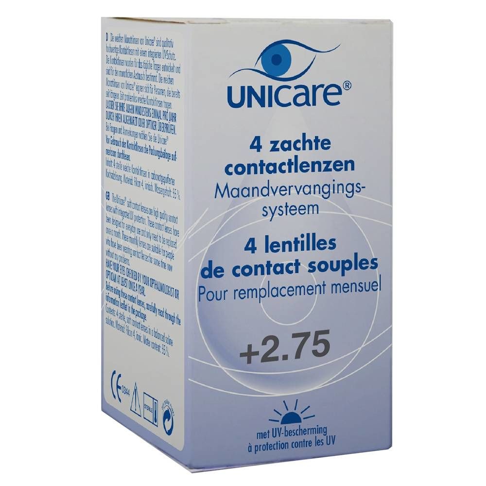 Boîte de lentilles de contact Unicare. Contient 4 lentilles mensuelles souples +2,75. Protection UV. Marque Unicare.