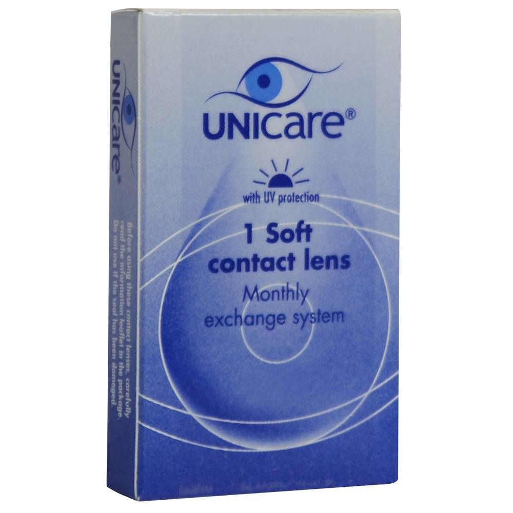 Boîte de lentille de contact Unicare. Boîte bleue avec informations produit et logo. Contient une lentille mensuelle souple.