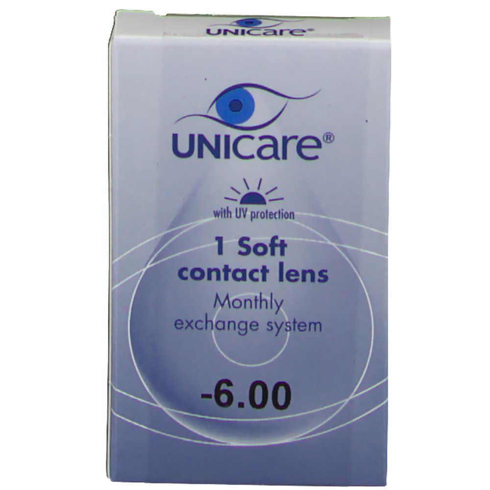 Boîte de lentilles de contact Unicare. Graphique d'œil bleu, indication de protection UV, texte: 1 Soft Contact Lens, -6.00.