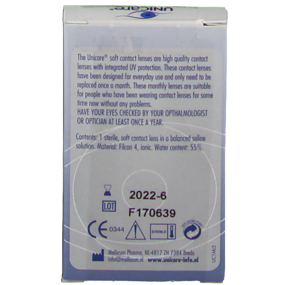 Dos de la boîte Unicare. Texte: lentilles de contact souples, protection UV, remplacement mensuel. Marquage CE, numéro de lot.
