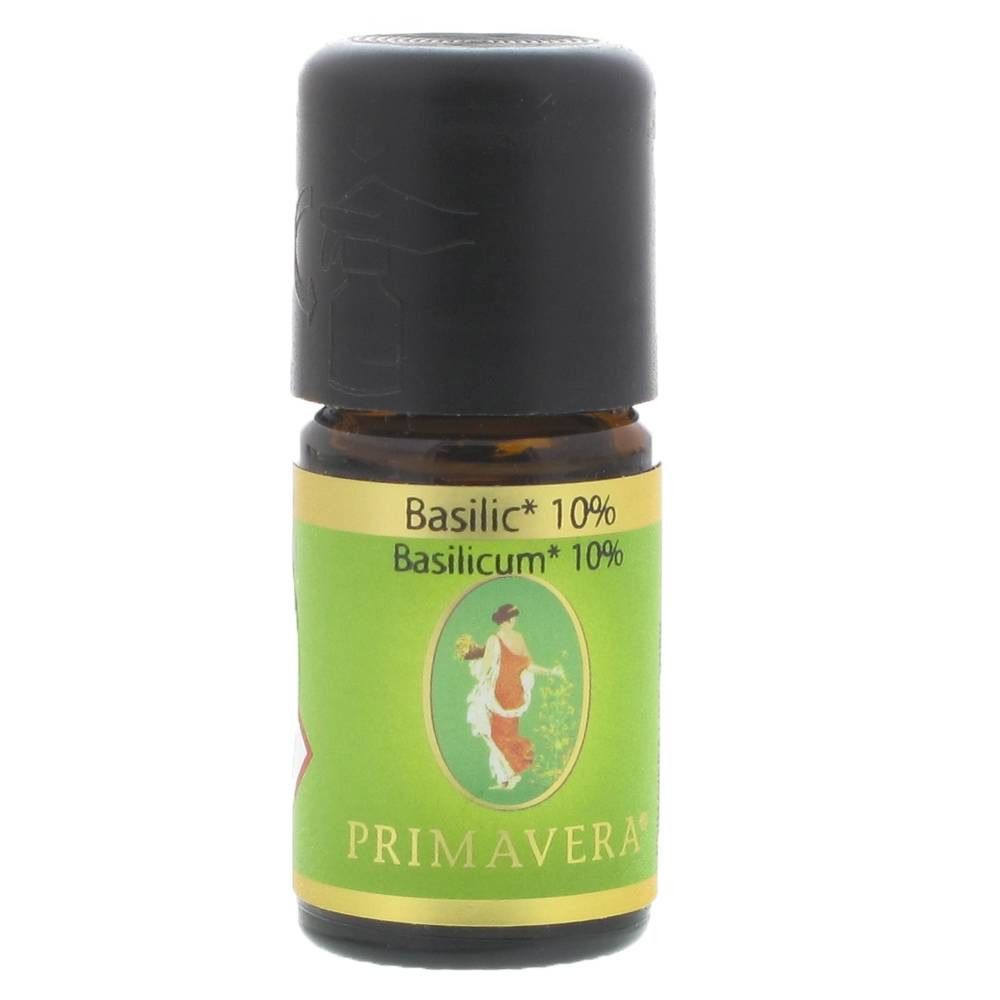 Petite bouteille en verre avec bouchon noir. Inscription: Basilic 10%, Basilikum 10%. Étiquette avec femme et logo PRIMAVERA.