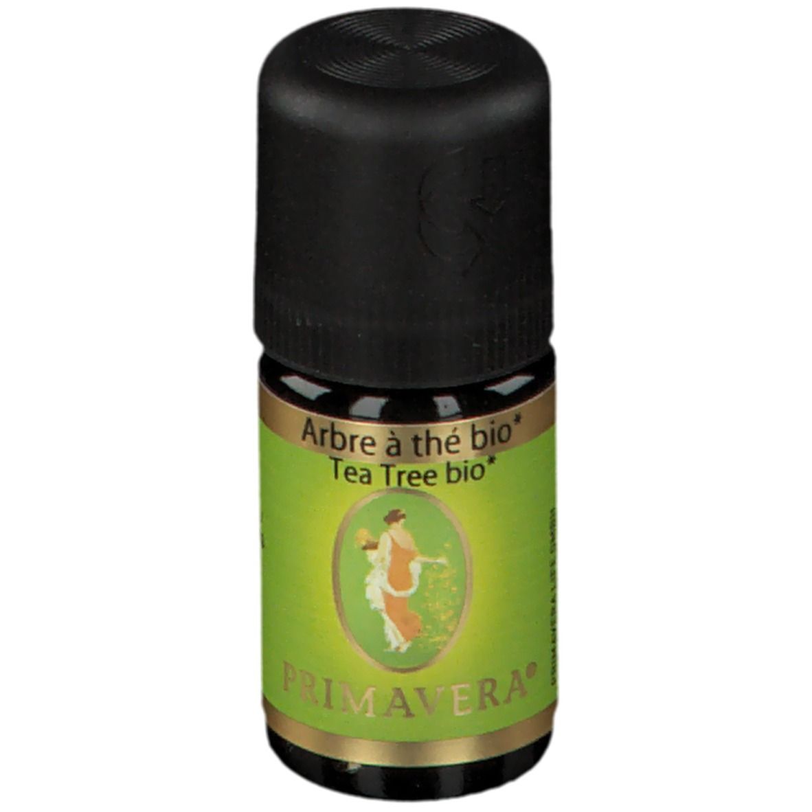 Flacon en verre brun avec bouchon noir. Étiquette verte avec PRIMAVERA® et "Arbre à thé bio".