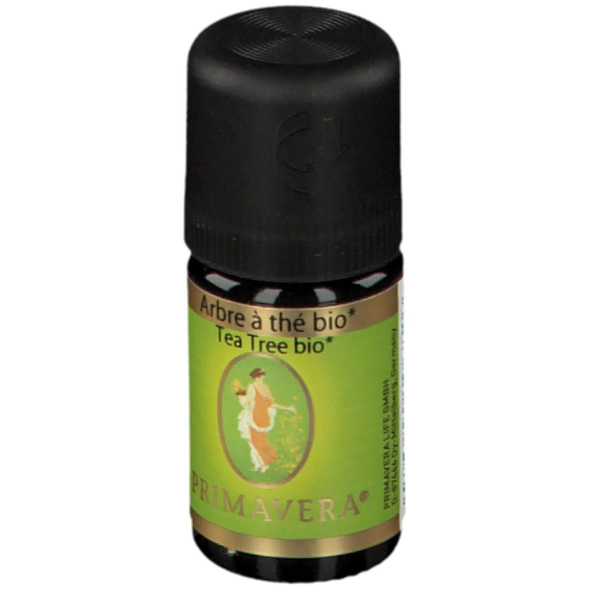 Flacon en verre brun avec bouchon noir. Étiquette verte avec PRIMAVERA® et "Arbre à thé bio".