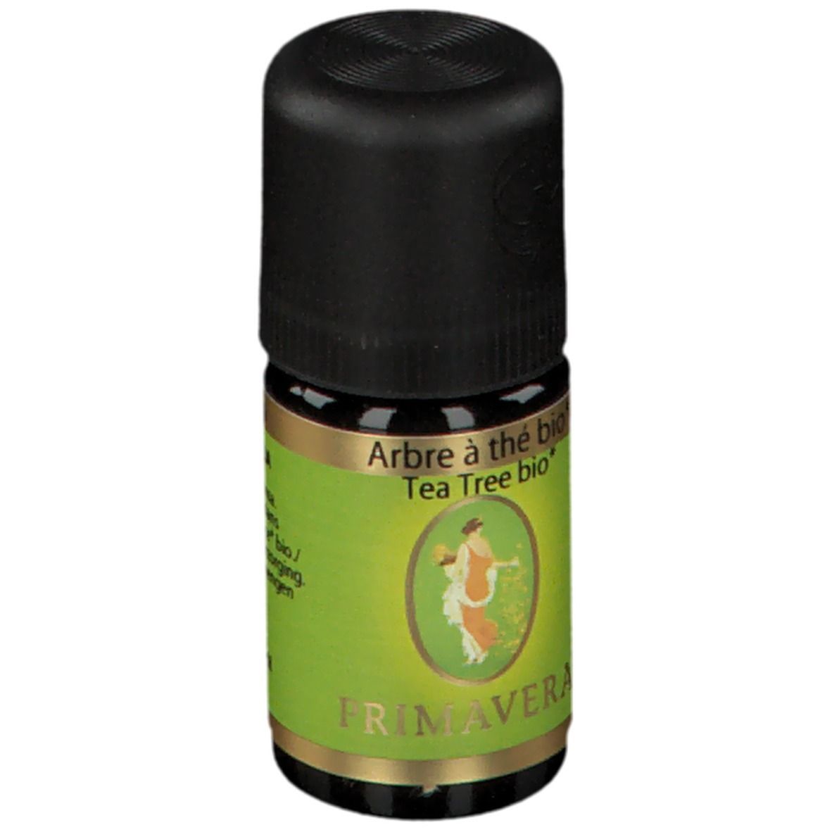 Flacon en verre brun avec bouchon noir. Étiquette verte avec PRIMAVERA® et "Arbre à thé bio".