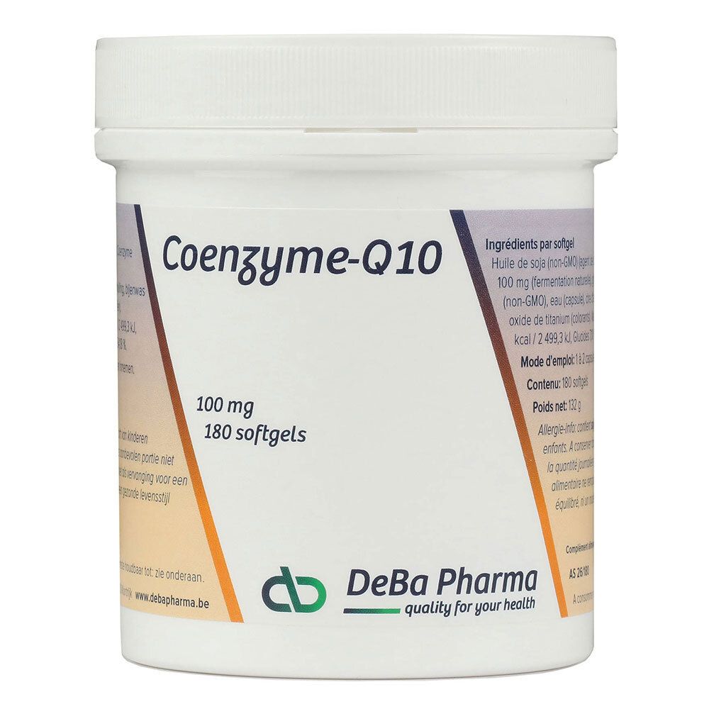 Boîte blanche avec inscription Coenzyme-Q10, 100 mg, 180 gélules. Logo DeBa Pharma.