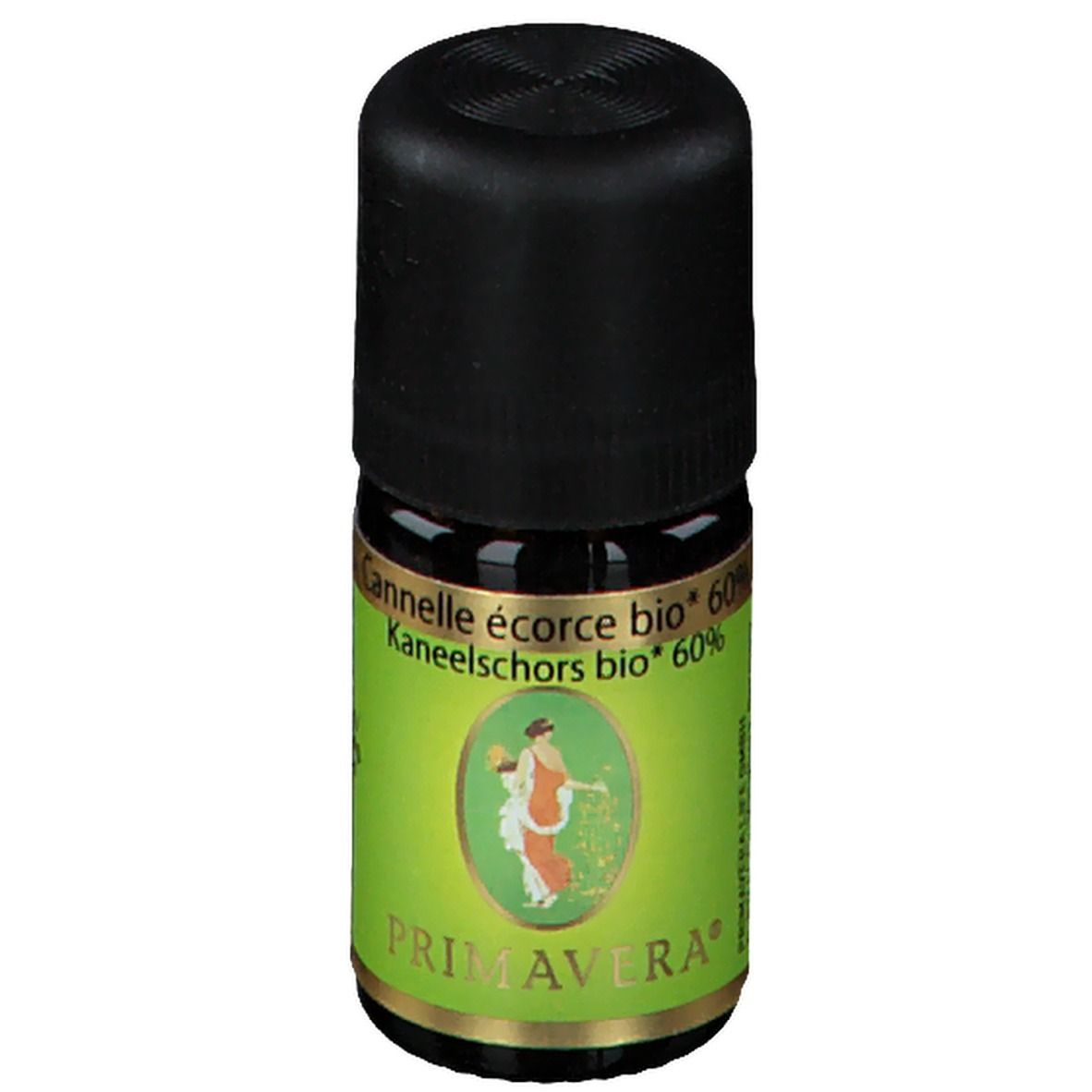 Bruine glazen fles met zwarte dop. Groen-wit etiket met productnaam en logo.