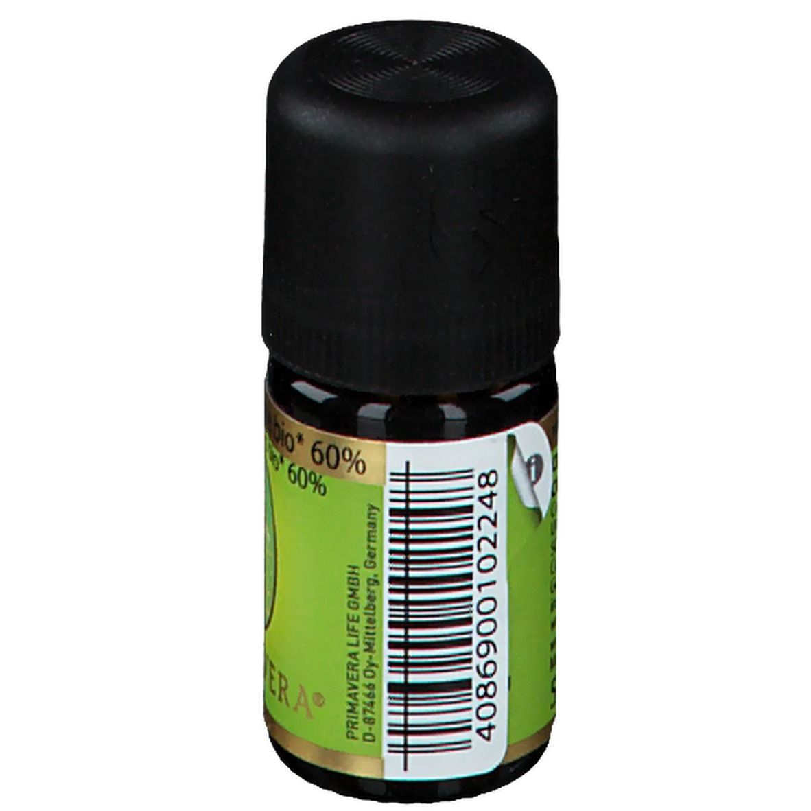 Bruine glazen fles met zwarte dop. Groen-wit etiket met productinformatie en barcode.