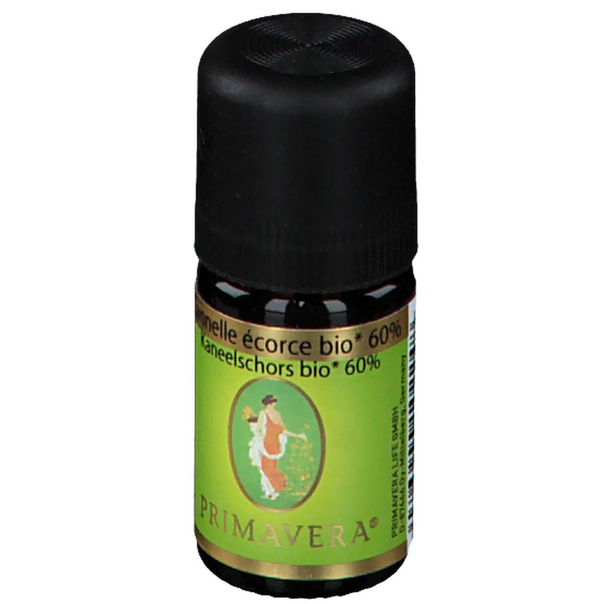 Bruine glazen fles met zwarte dop. Groen-wit etiket met productnaam en logo.