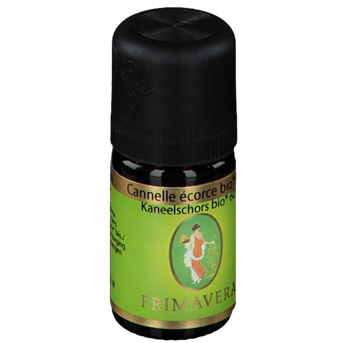 Bruine glazen fles met zwarte dop. Groen-wit etiket met productnaam en logo.
