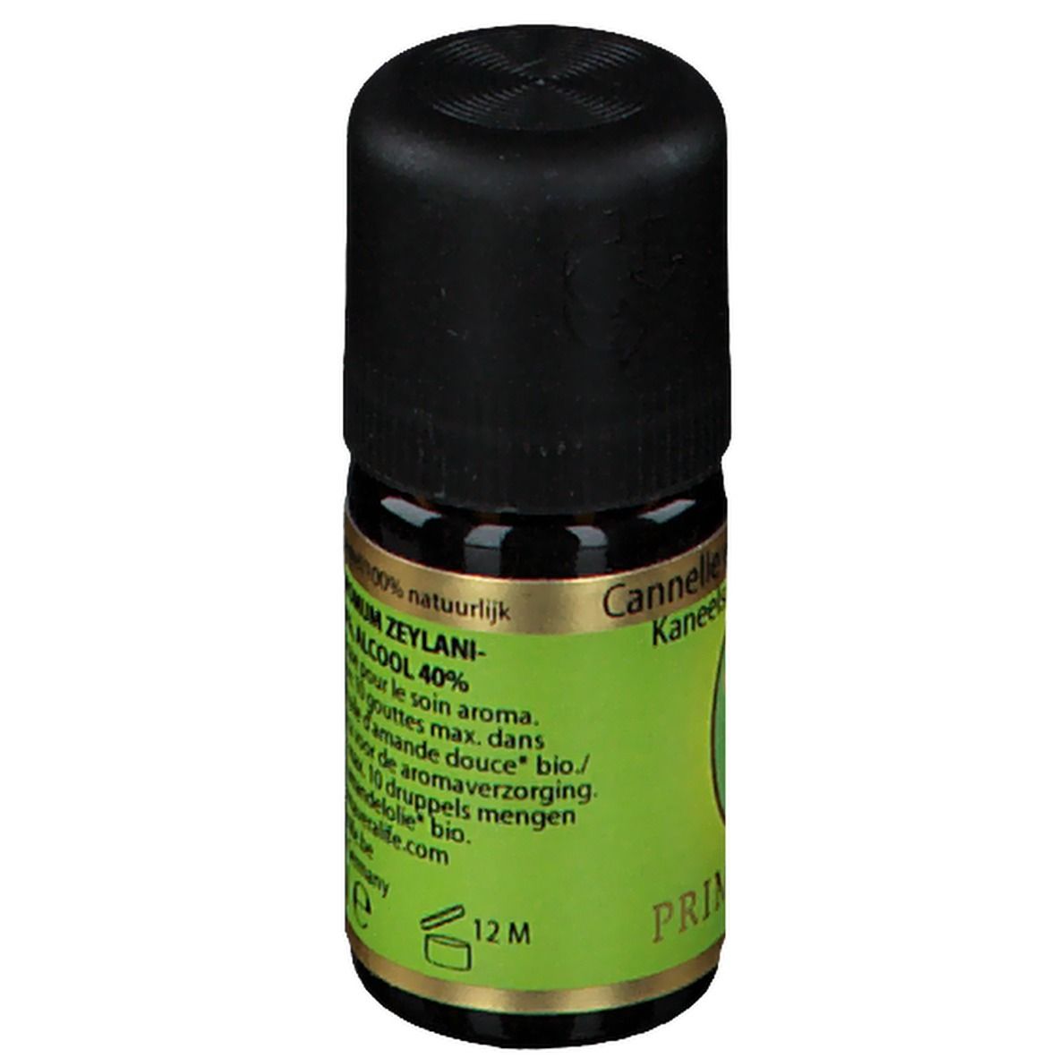 Bruine glazen fles met zwarte dop. Groen-wit etiket met productinformatie en volume.
