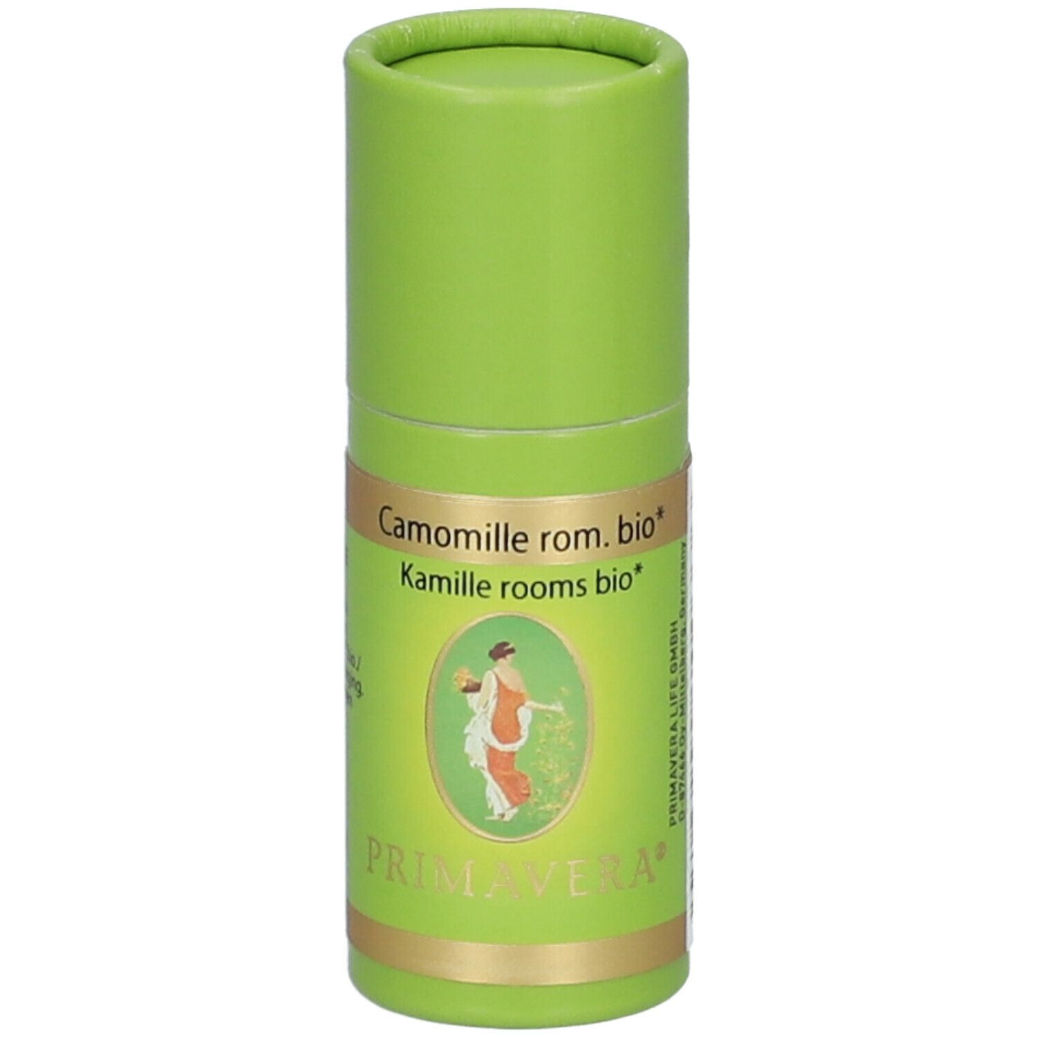 Groene cilindrische verpakking. Opschrift: Camomille rom. bio, Kamille rooms bio. Logo: vrouw met mand. Merk: PRIMAVERA.