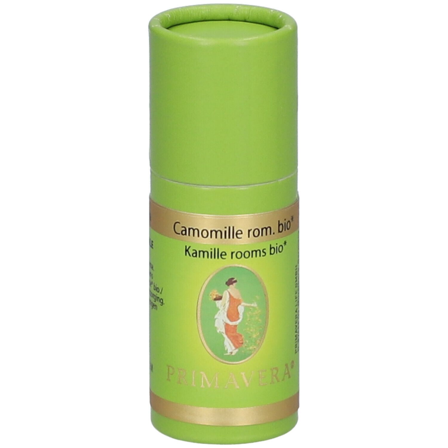 Groene cilindrische verpakking. Opschrift: Camomille rom. bio, Kamille rooms bio. Logo: vrouw met mand. Merk: PRIMAVERA.