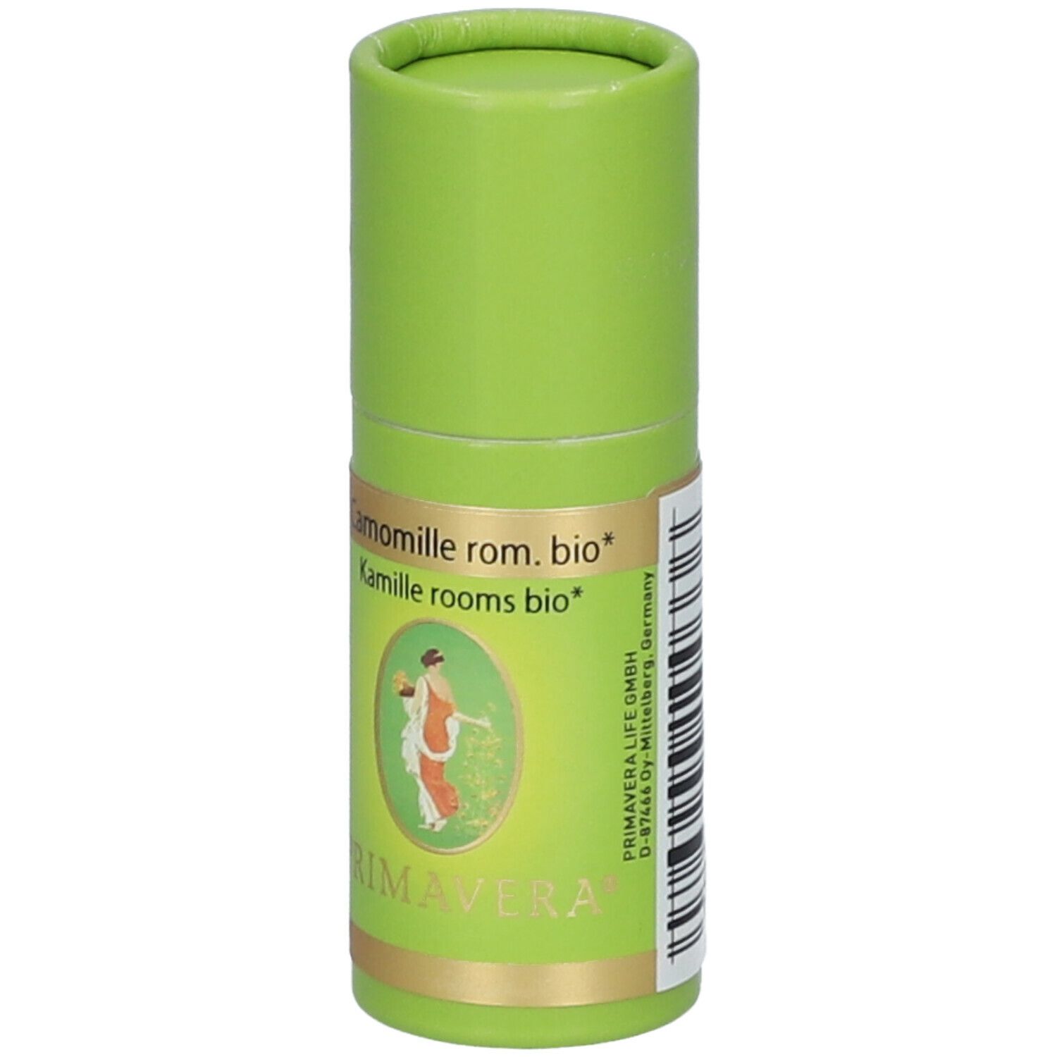 Groene cilindrische verpakking. Opschrift: Camomille rom. bio, Kamille rooms bio. Logo: vrouw met mand. Merk: PRIMAVERA.