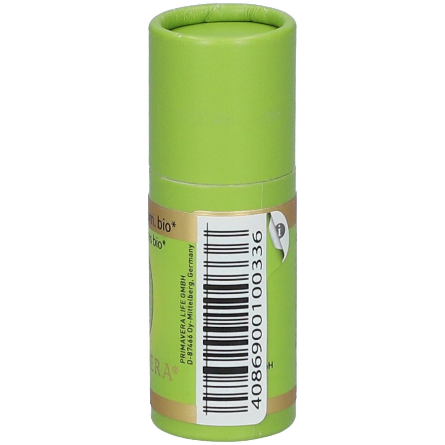 Groene cilindrische verpakking. Opschrift: Camomille rom. bio, Kamille rooms bio. Logo: vrouw met mand. Streepjescode.