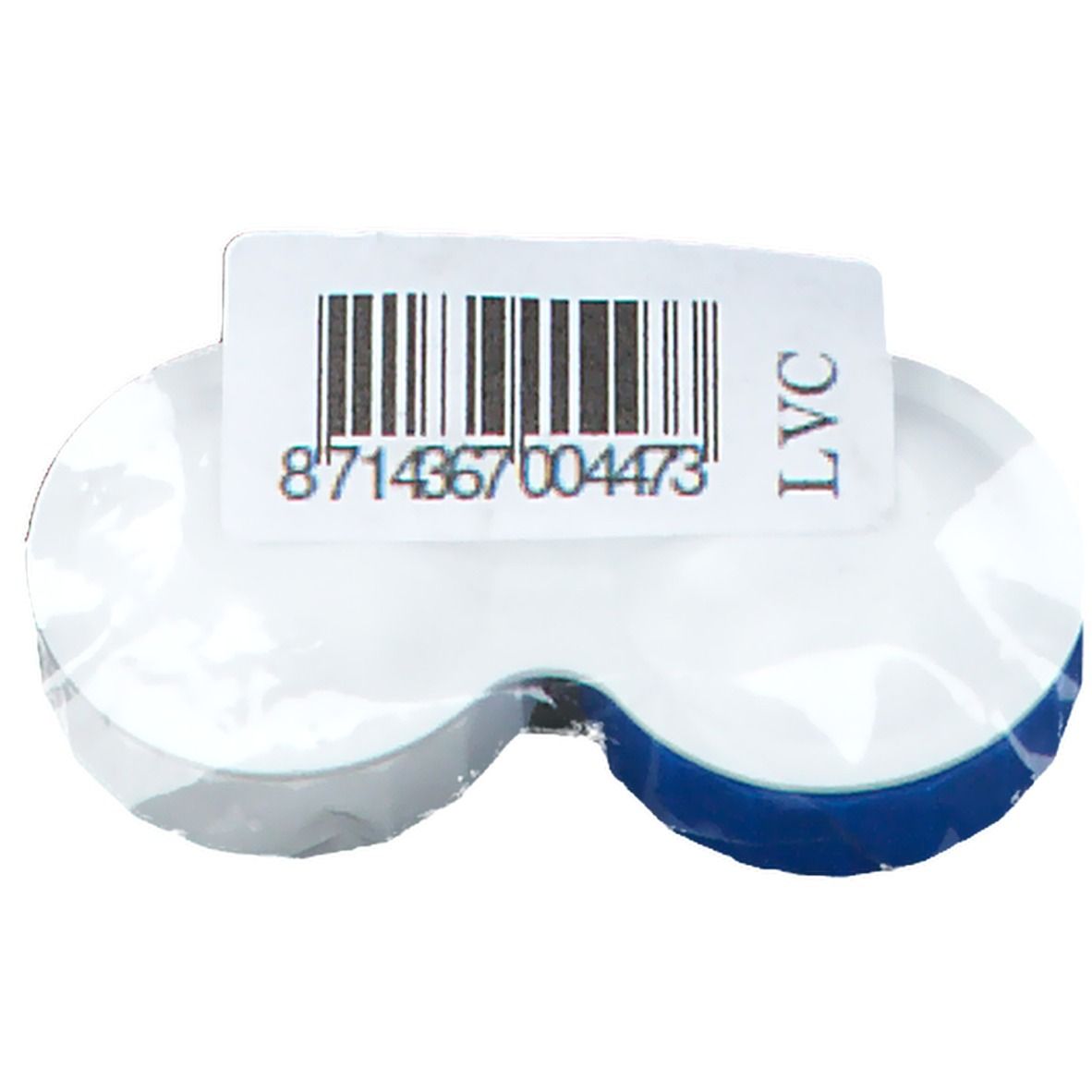 Boîte de lentilles de contact, dos avec étiquette code-barres. Bleu et blanc, emballage transparent.