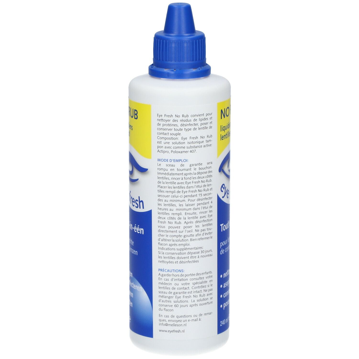 Dos du flacon Eye Fresh No Rub pour lentilles de contact. Texte en français. Contient 240 ml. Mode d'emploi et précautions.