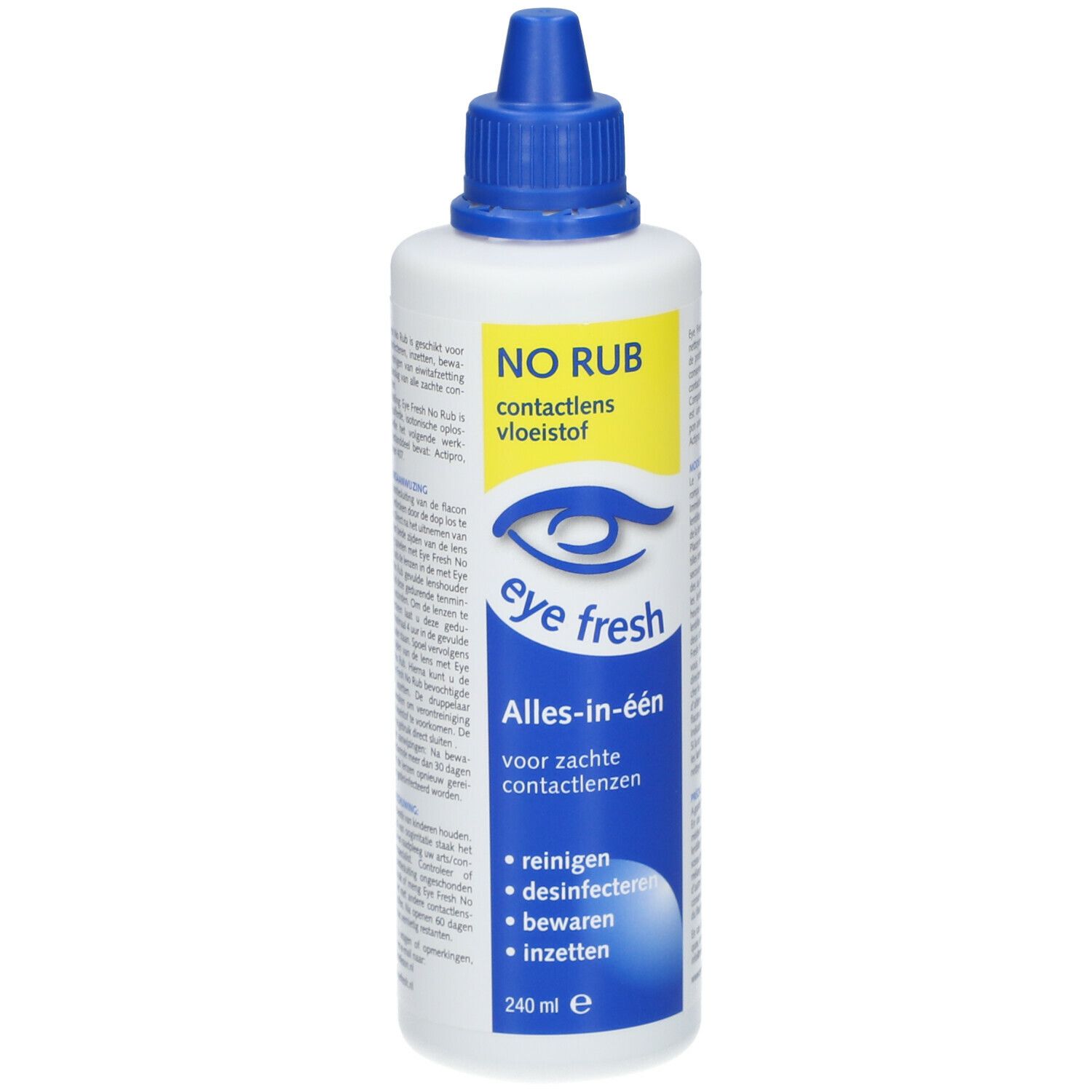 Flacon Eye Fresh No Rub pour lentilles de contact. Emballage bleu et blanc. Contient 240 ml. Inscription: reinigen, desinfizieren, bewaren, inzetten.