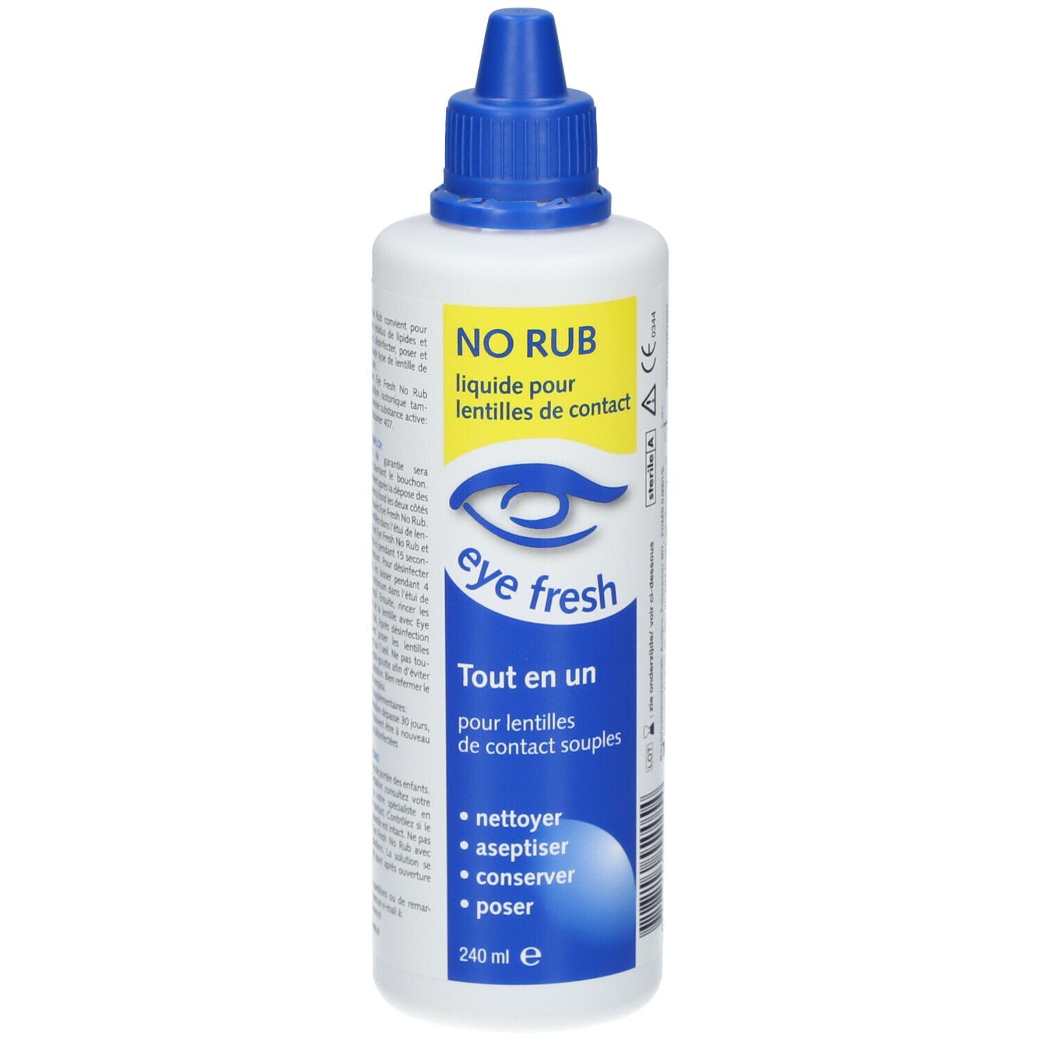 Flacon Eye Fresh No Rub pour lentilles de contact. Emballage bleu et blanc. Contient 240 ml. Inscription: nettoyer, aseptiser, conserver, poser.