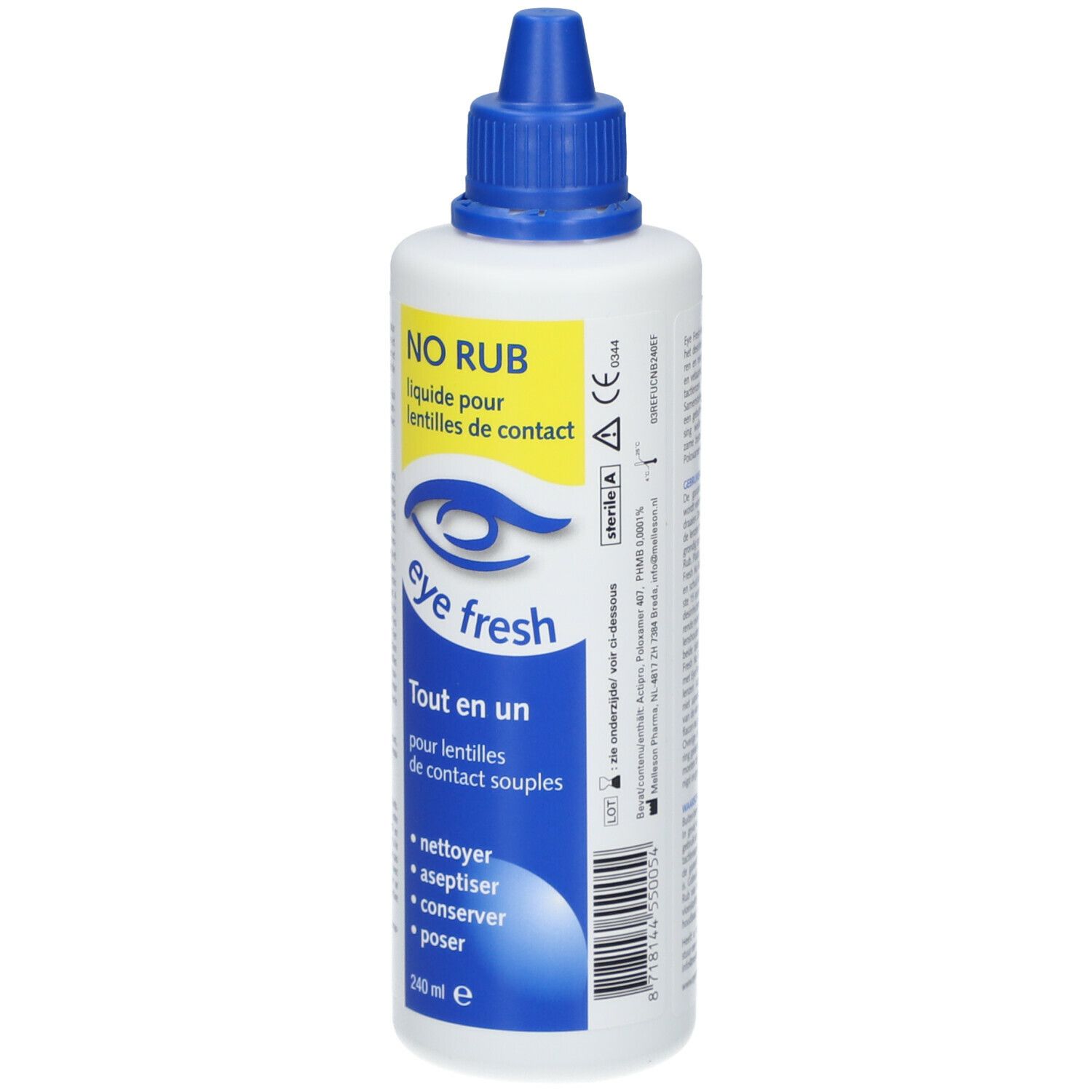 Flacon Eye Fresh No Rub pour lentilles de contact. Emballage bleu et blanc. Contient 240 ml. Inscription: nettoyer, aseptiser, conserver, poser. Stérile A.