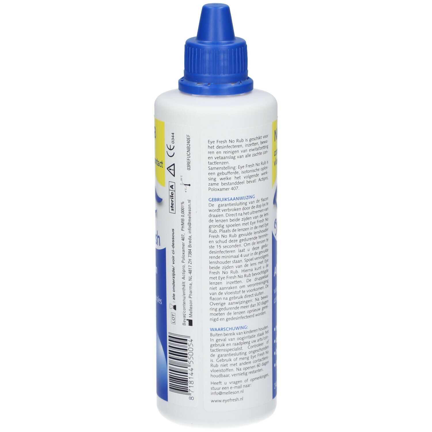 Dos du flacon Eye Fresh No Rub pour lentilles de contact. Texte en néerlandais. Contient 240 ml. Mode d'emploi et avertissements.